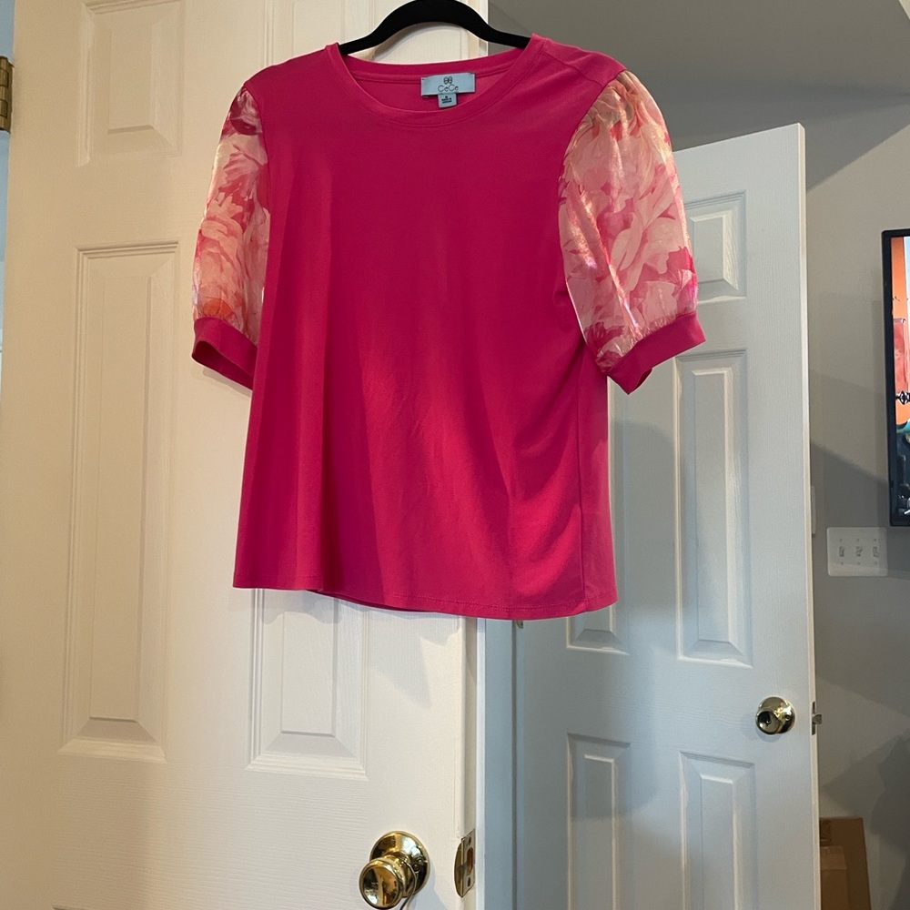 CeCe Fuchsia Top with Sheer Floral Sleeves